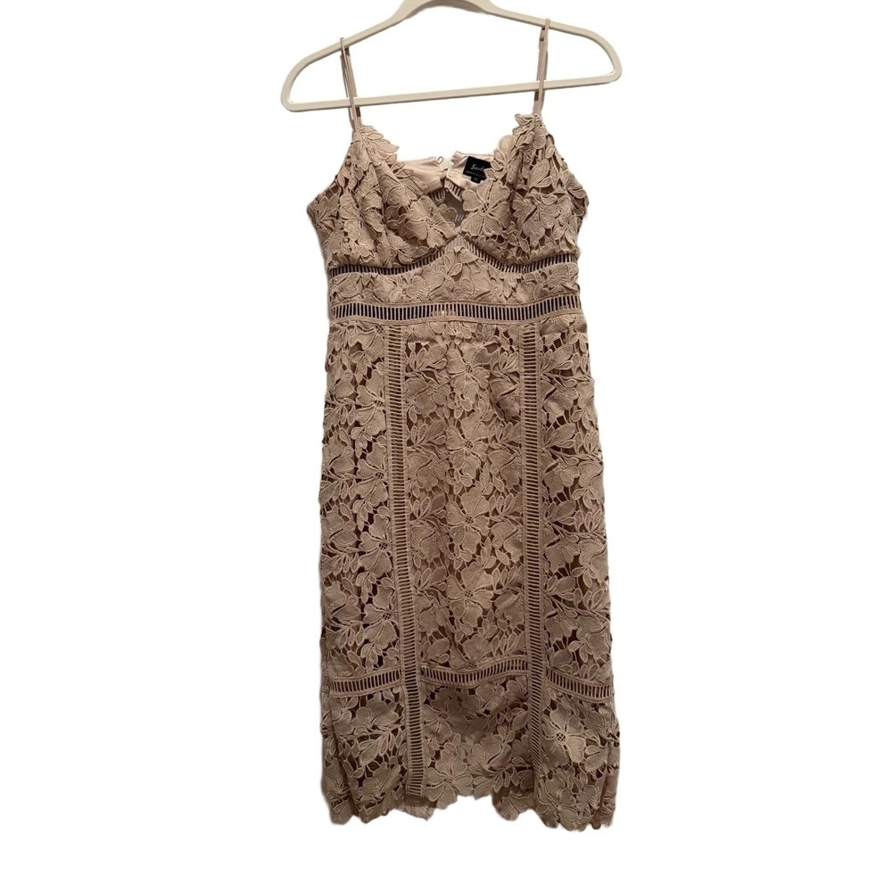 Bardot Nude Beige Lace Overlay Spaghetti Straps Midi Cocktail Dress size 6